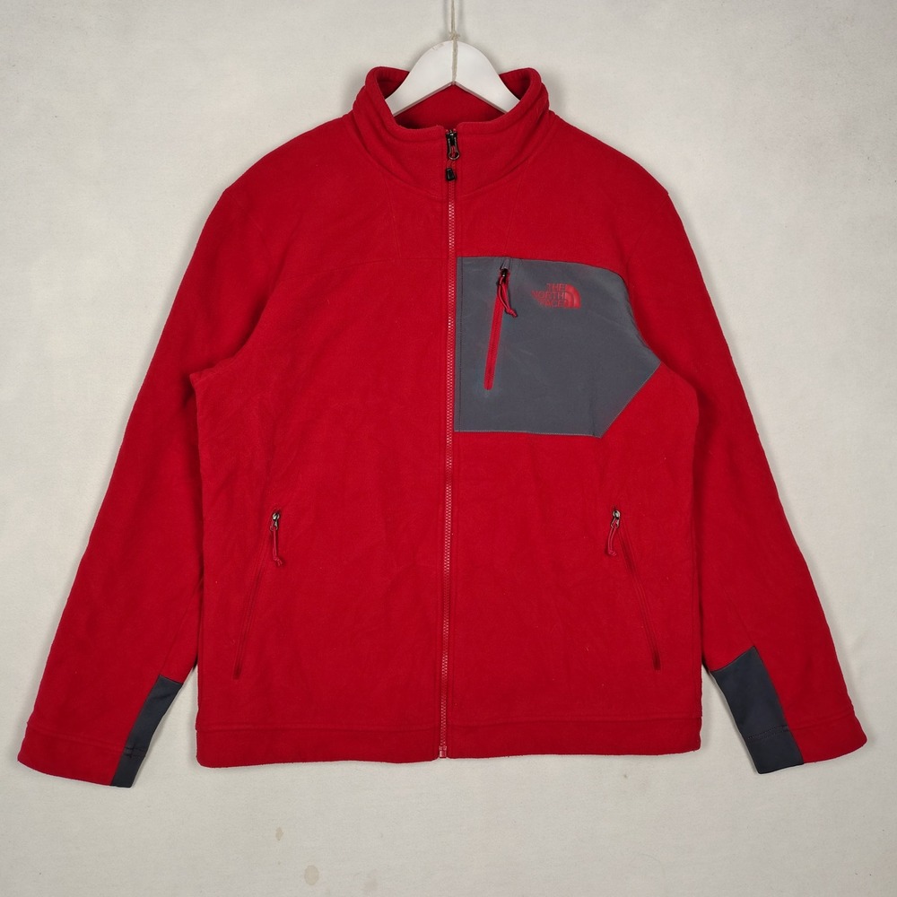 The North Face Mens Full Zip Fleece Jacket Red Grey Chest Pocket XL LX627607